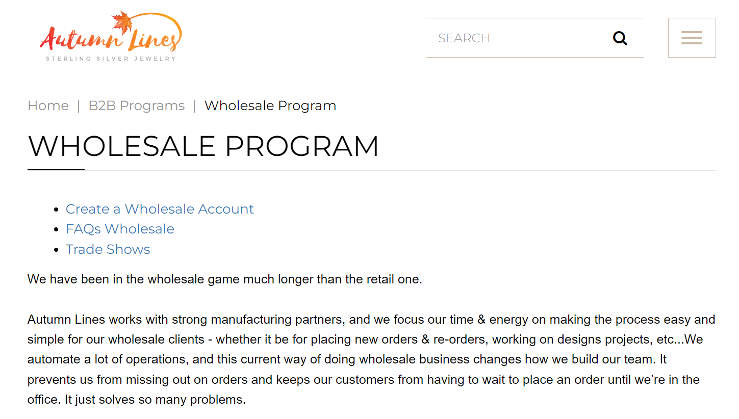 Autumn Lines Wholesale Ordering landing page