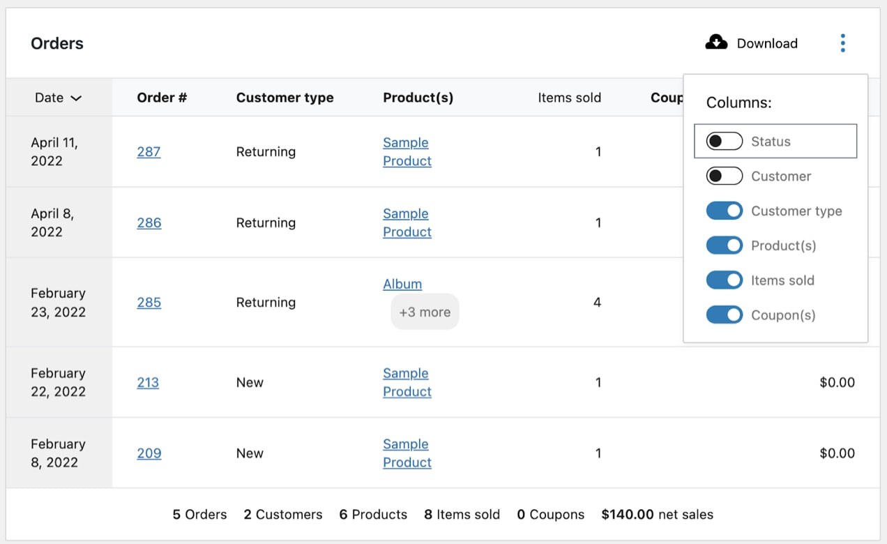 toggling columns on and off