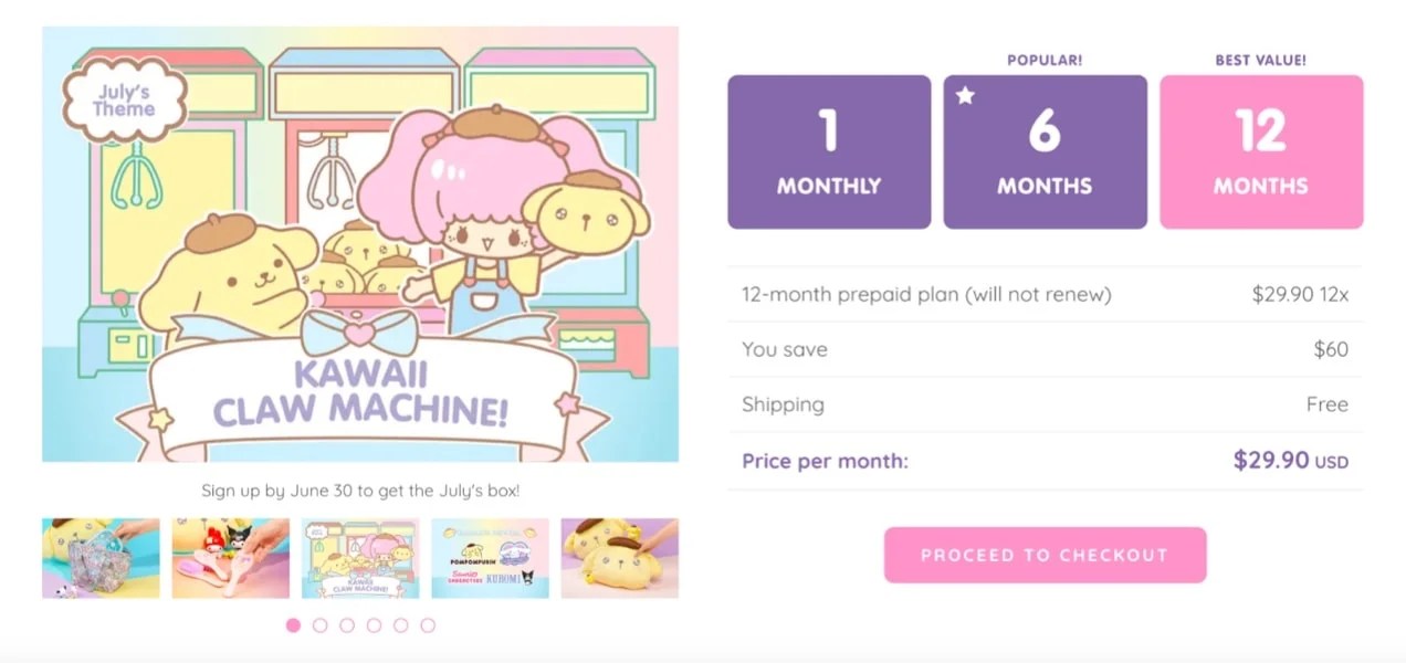 Kawaii Claw Machine with options for monthly, 6 months, and 12 month subscriptions