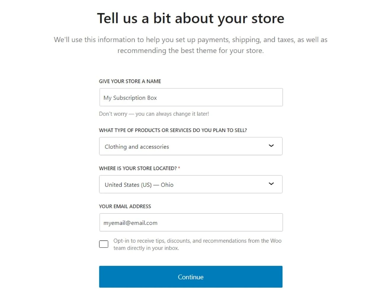 setup wizard screen asking for store details