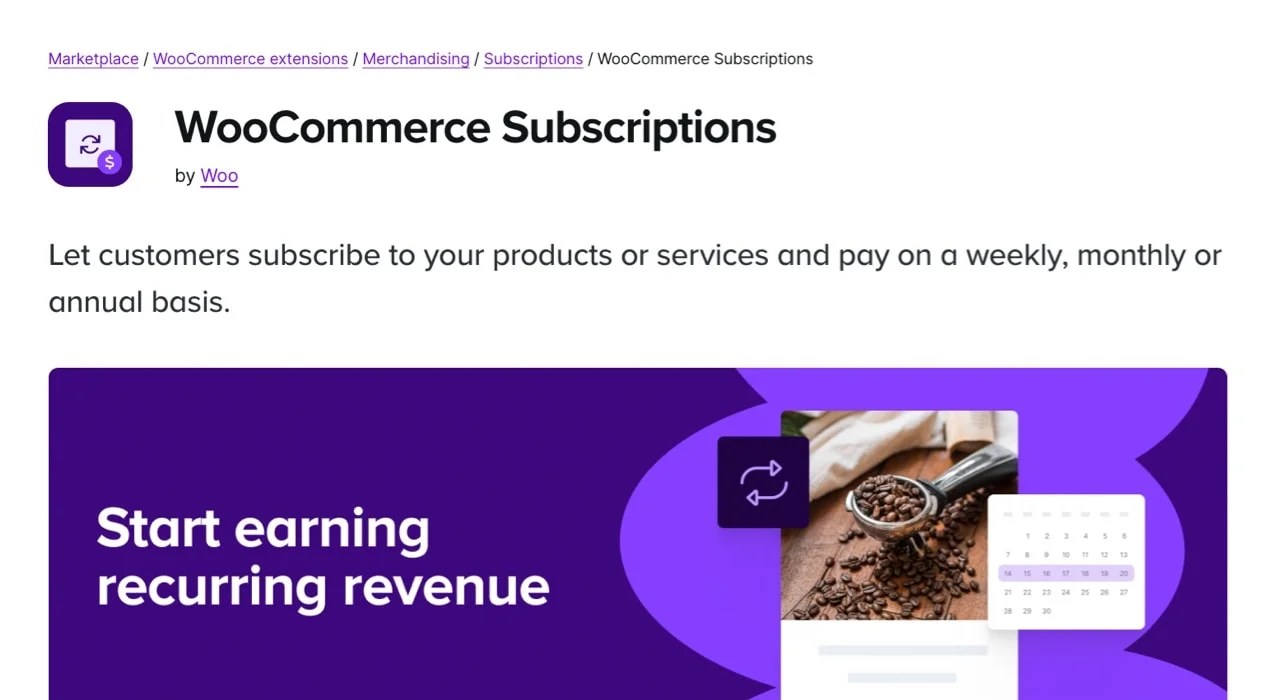 WooCommerce Subscriptions extension page