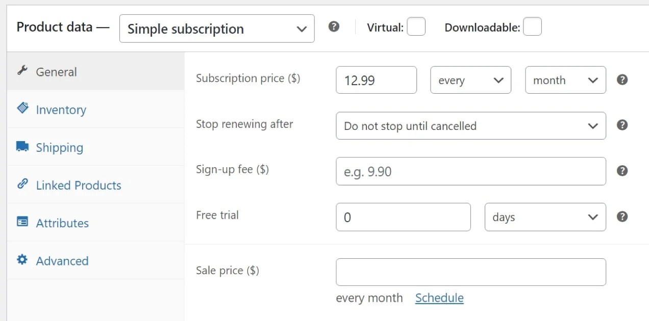 setting up subscription product data