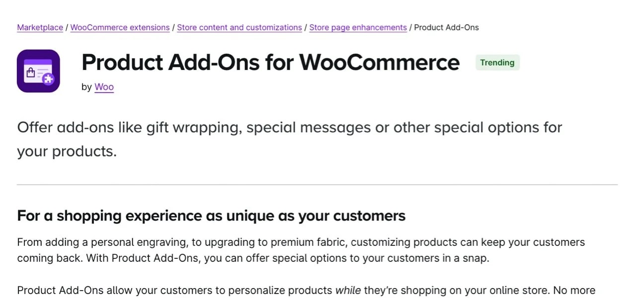 Product Add-Ons for WooCommerce extension page