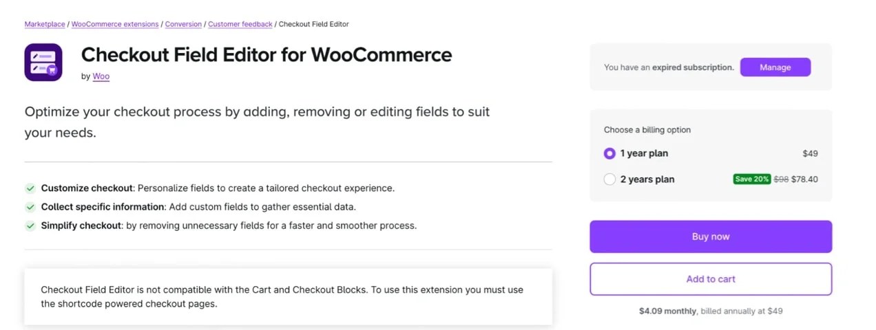 Checkout Field Editor for WooCommerce extension page