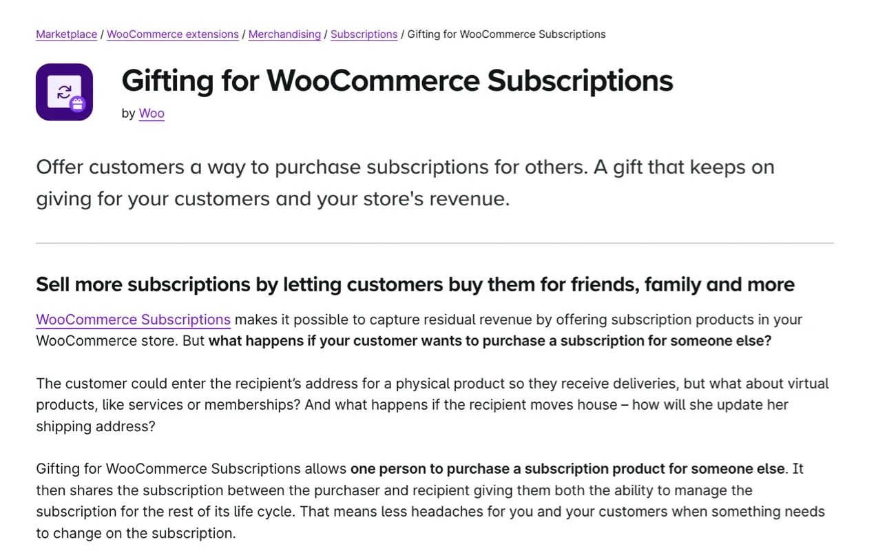 Gifting for WooCommerce Subscriptions extension page