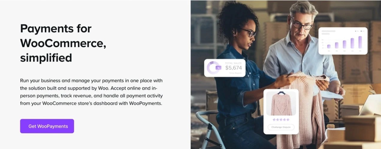 WooPayments page with a description and text, "Payments for WooCommerce, simplified"