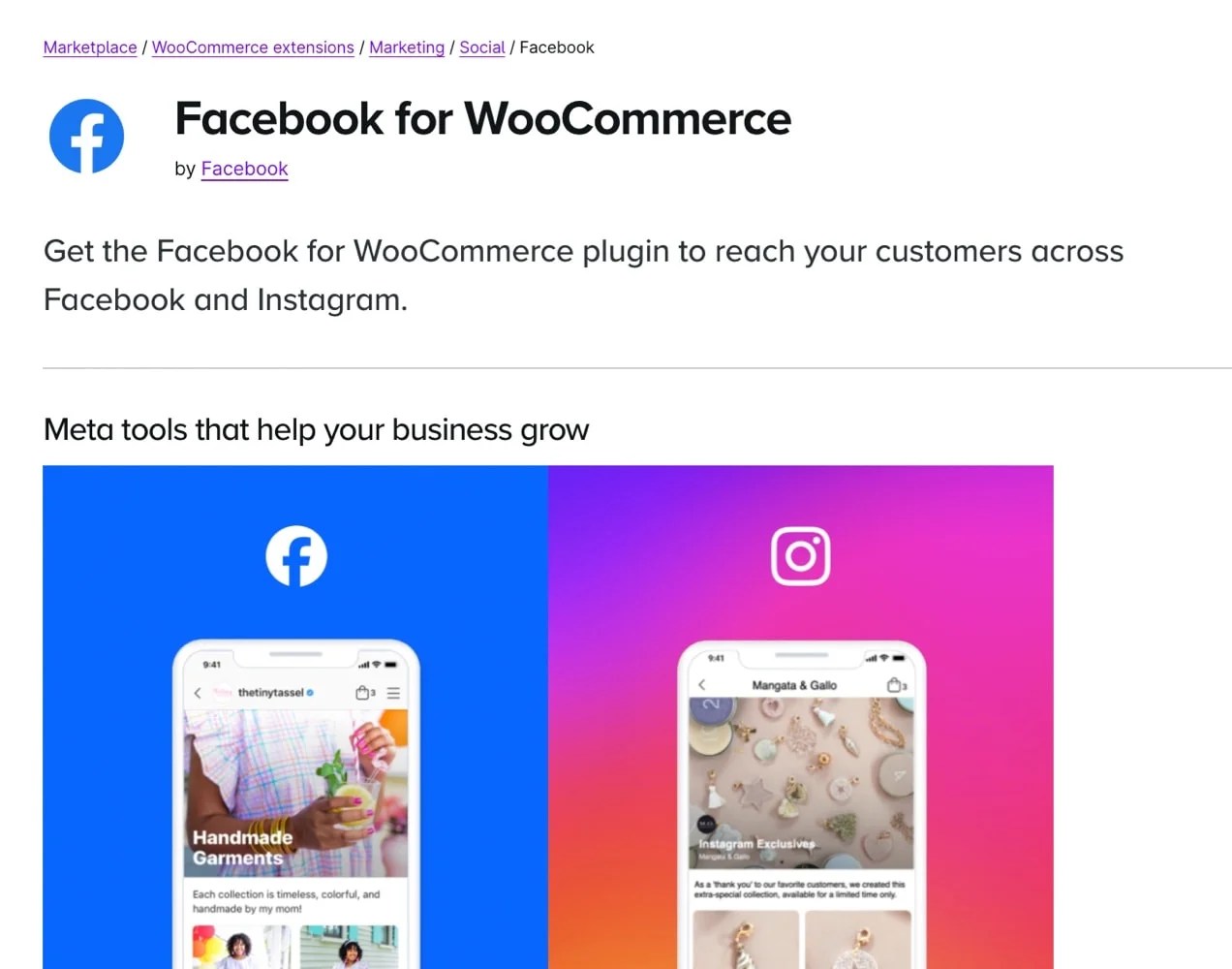 Facebook for WooCommerce extension page