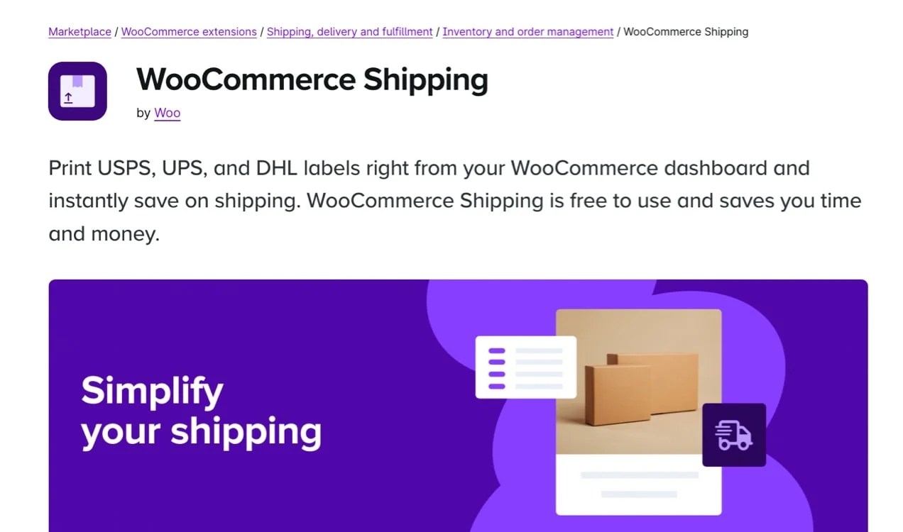 WooCommerce Shipping extension page