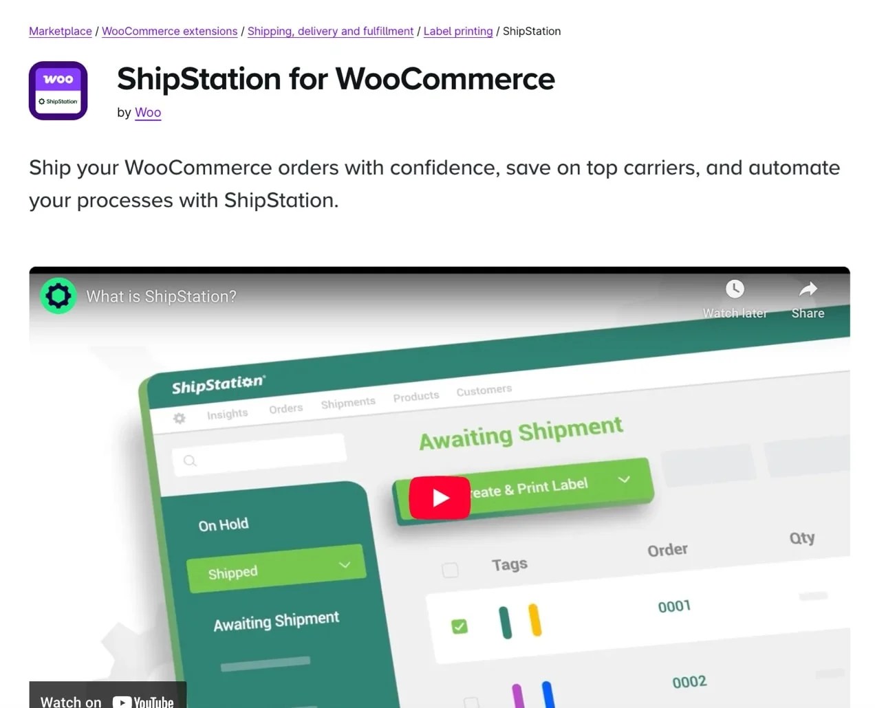 ShipStation for WooCommerce extension page