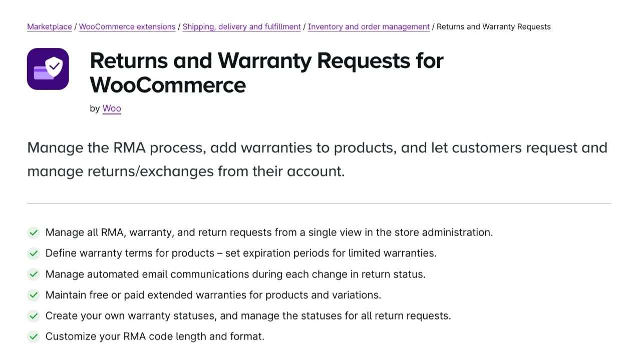 Returns and Warranty Requests extension page