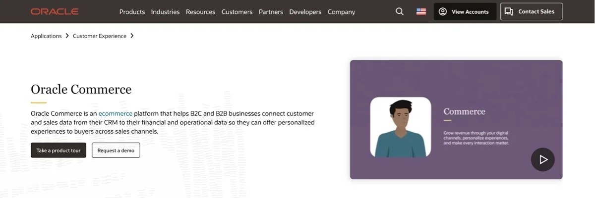 Oracle Commerce page with a description of their services