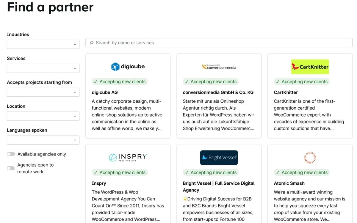 grid of available Woo Partners