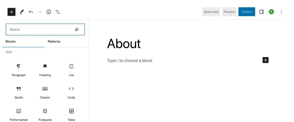 using the block editor to design an About page