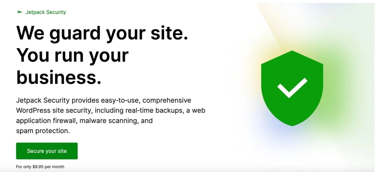 Jetpack Security page with the text "We guard your site. You run your business."