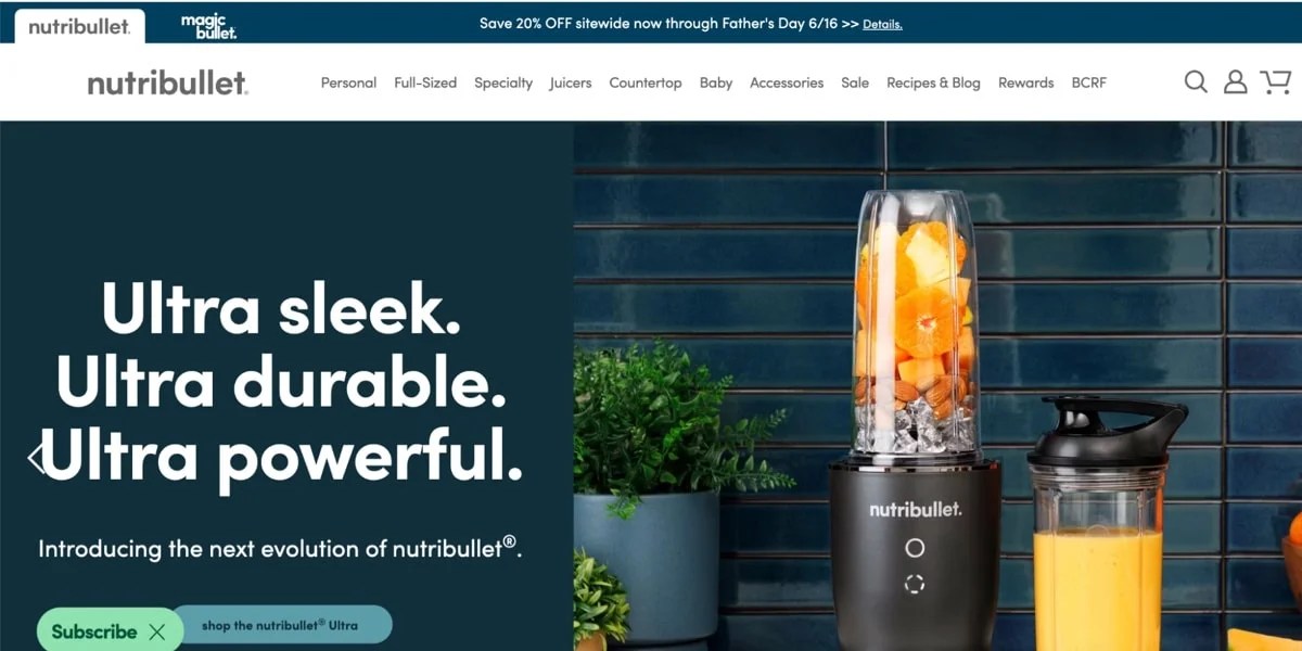 Nutribullet homepage with a large photo and text