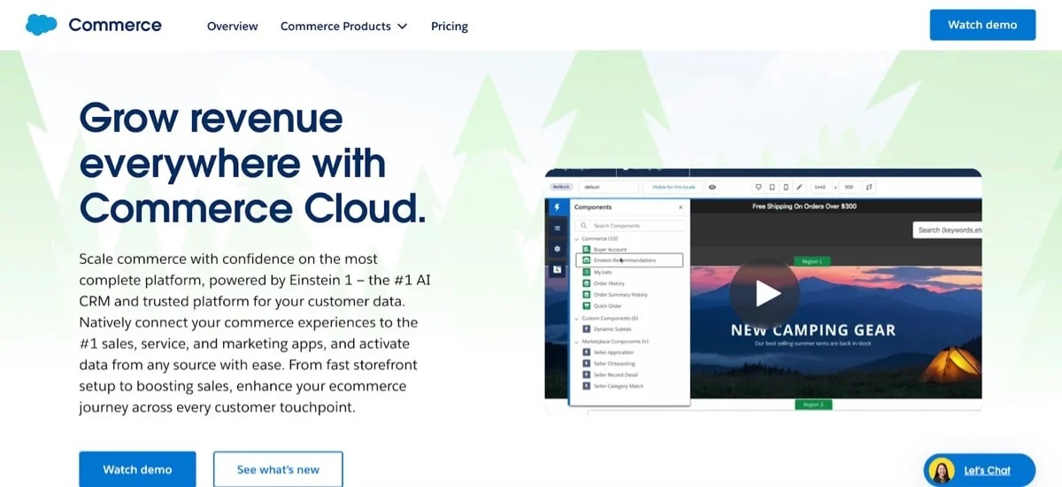 Salesforce Commerce Cloud page with the text "grow revenue everywhere with Commerce Cloud"