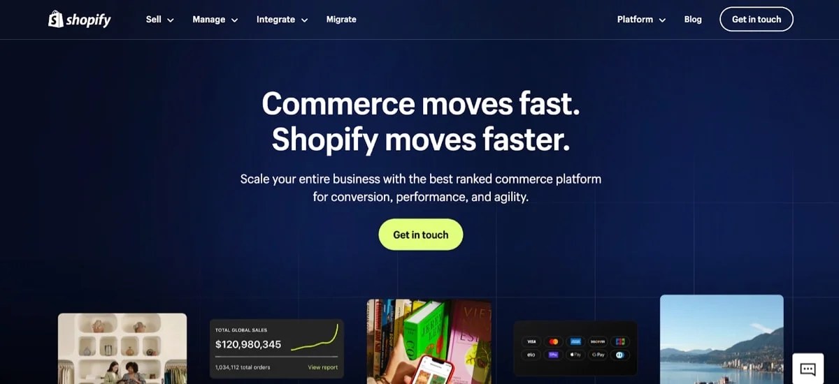 Shopify homepage with text "commerce moves fast. Shopify moves faster."
