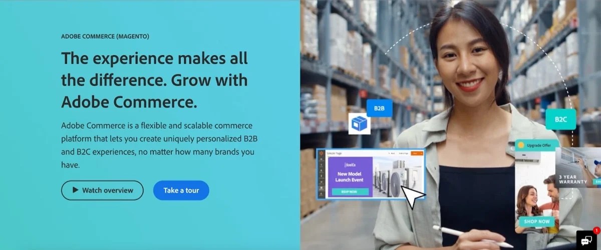 Adobe Commerce page with text "Grow with Adobe Commerce"