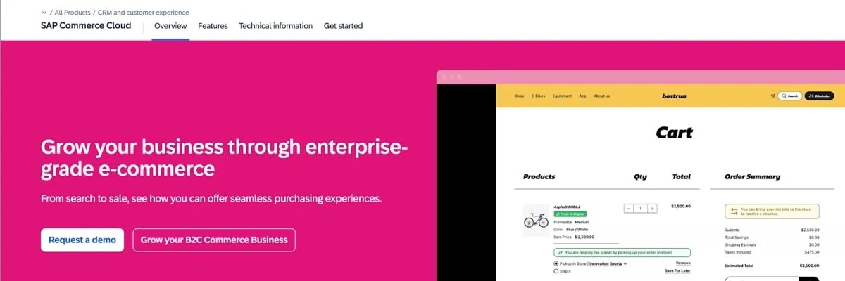 SAP Commerce Cloud homepage with text "Grow your business through enterprise-grade e-commerce"