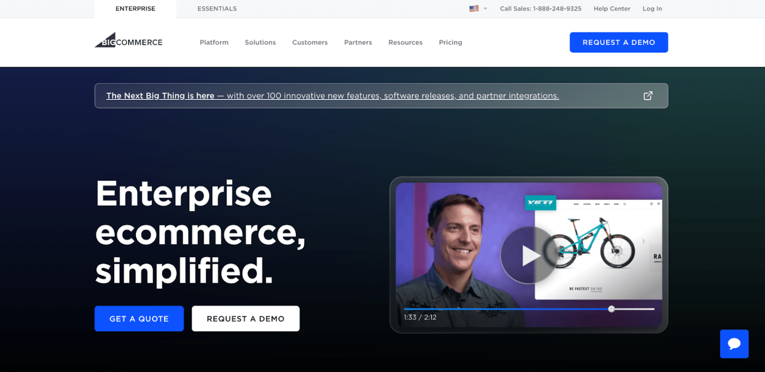 BigCommerce page with text, "Enterprise ecommerce, simplified"