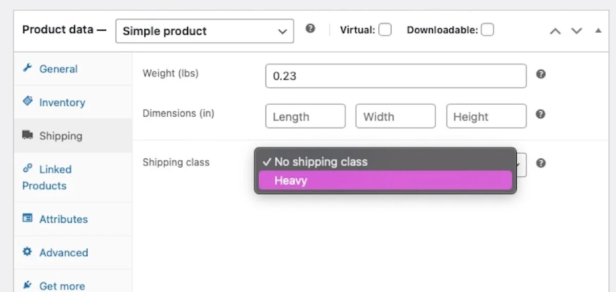selecting heavy shipping class for a product
