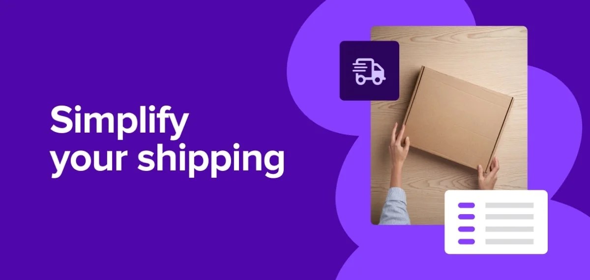 WooCommerce Shipping page with purple background and the text "simplify your shipping"
