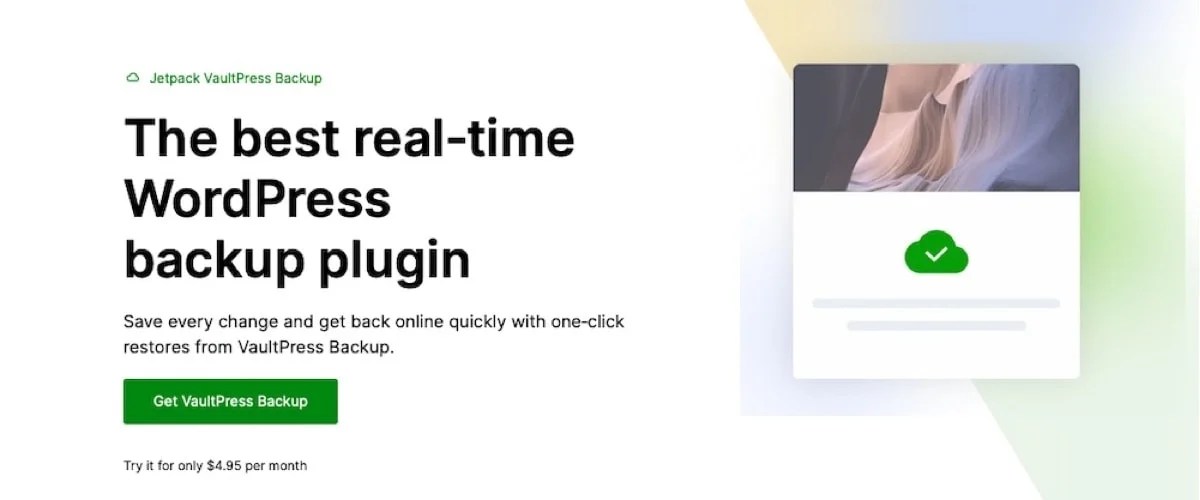 Jetpack VaultPress Backup homepage with the text "the best real-time WordPress backup plugin"