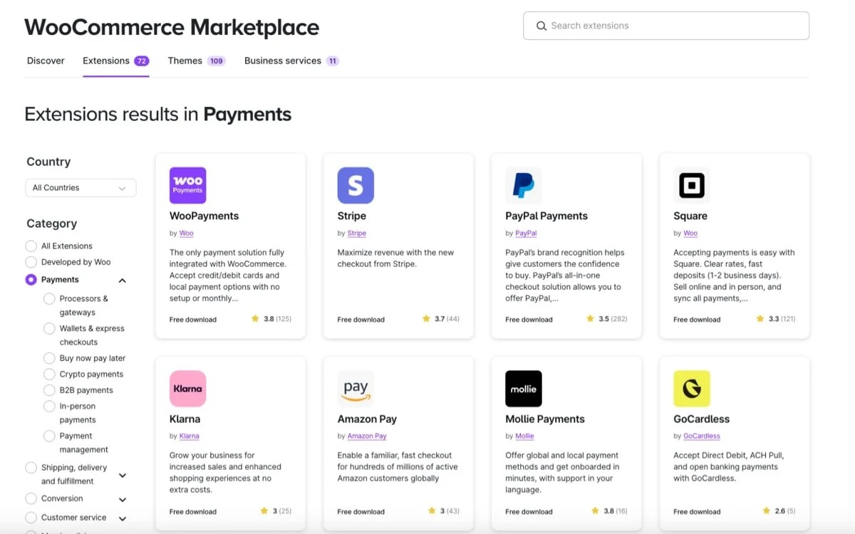 payment extensions available with WooCommerce