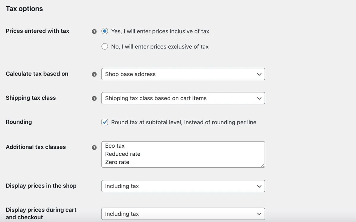 tax options and settings in WooCommerce