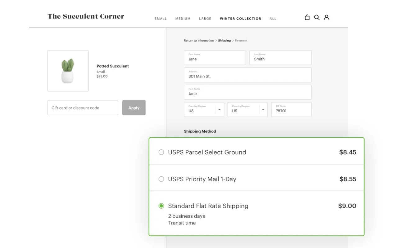 three shipping options on a checkout page