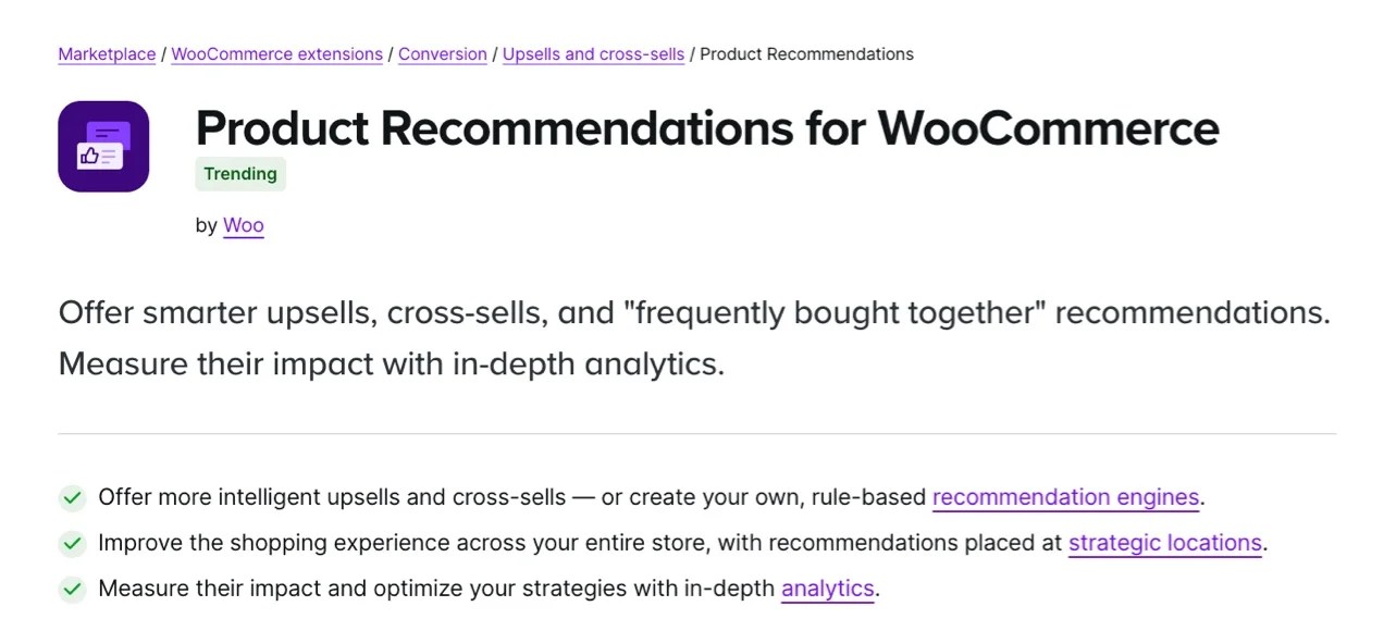 product recommendations for WooCommerce extension page