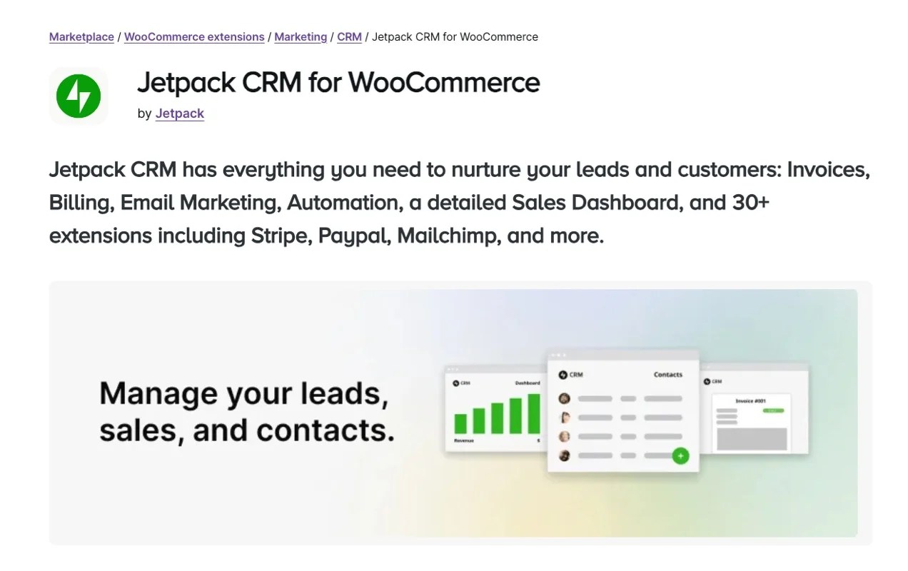 Jetpack CRM for WooCommerce extension page